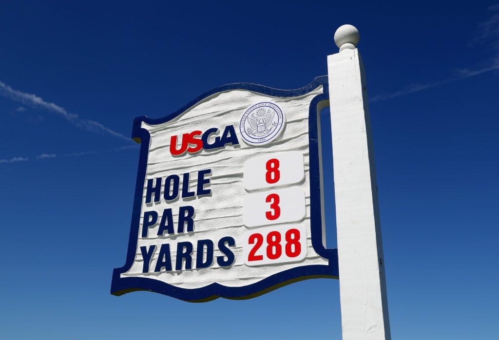 A sign at the eighth hole at Oakmont
