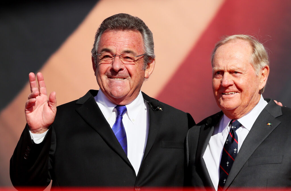 Tony Jacklin and Jack Nicklaus speak at the 2016 Ryder Cup Opening Ceremony