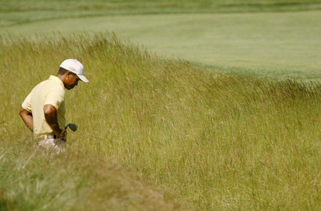 Tiger Woods looks for his ball during the 2007 US Open