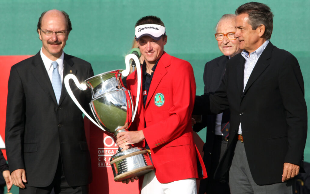 Jean-Francois Lucquin holds the trophy after winning the 2008 Omega European Masters