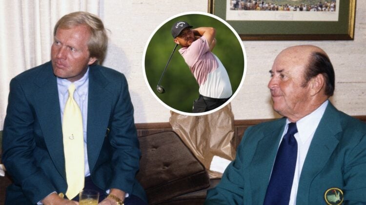 Jack Nicklaus alongside Sam Snead during the 1978 Masters at Augusta National / Xander Schauffele hits a shot during the 2025 US Open at Oakmont