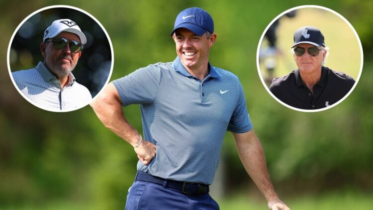 Rory McIlroy during his practice round ahead of the RBC Canadian Open 2025 / Phil Mickelson looks on during the 2025 PGA Championship - Round One /...