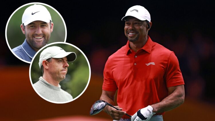 Tiger Woods in action in the TGL presented by SoFi: Jupiter v Atlanta / Rory McIlory looks on after an errant tee shot at the RBC Canadian Open / S...
