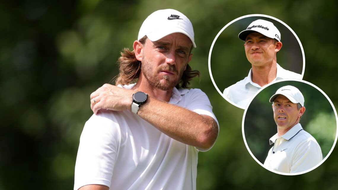 Tommy Fleetwood looks dejected during the final round of the Travelers Championship at TPC River Highlands / Collin Morikawa looks bemused during t...