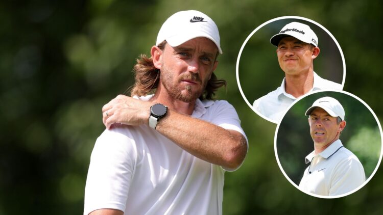 Tommy Fleetwood looks dejected during the final round of the Travelers Championship at TPC River Highlands / Collin Morikawa looks bemused during t...