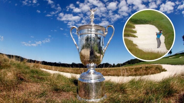 Nick Dougherty hitting a shot during the third round of the 2007 U.S. Open Championship at Oakmont / The US Open trophy nestled in amongst the chur...