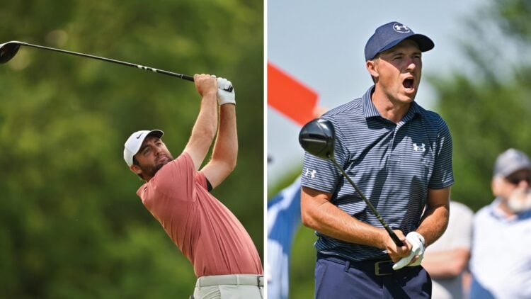 Scottie Scheffler at the Memorial Tournament presented by Workday 2025 / Jordan Spieth looks on after hitting his tee shot on the 14th at the Charl...