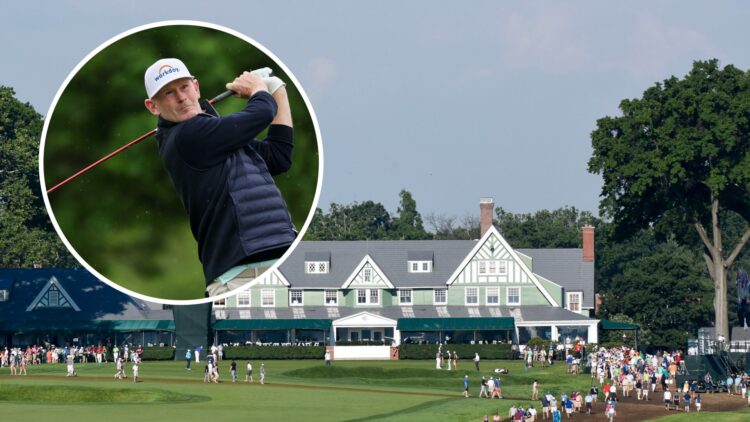 An image of Oakmont County Club in 2016 with an inset of Brandt Snedeker playing at the 2025 Memorial Tournament