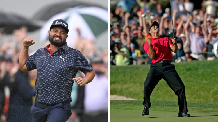 J.J. Spaun celebrates winning the 2025 US Open, Tiger Woods celebrates a putt at the 2008 US Open