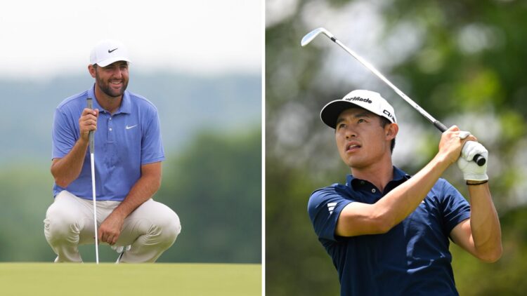Scottie Scheffler lines up a putt during the final round of the 125th US Open / Collin Morikawa in action during the first round of the 2025 Memori...