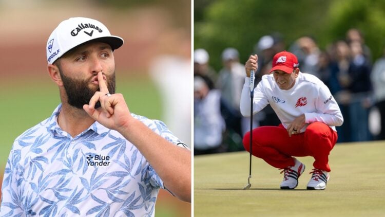 Jon Rahm of Spain gestures with his hand to his mouth on course during Day Three of the DP World Tour Championship / Sergio Garcia in action during...
