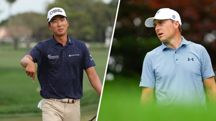 A split image of PGA Tour golfers Michael Kim and Jordan Spieth
