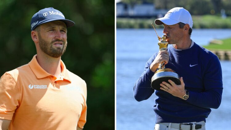 A split image of PGA Tour players Wyndham Clark and Rory McIlroy
