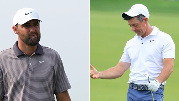 Scottie Scheffler reacts on the 14th green at Oakmont on day one of the US Open / Rory McIlroy frustrated during the final round of the US Open