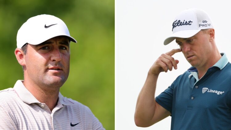 Scottie Scheffler pictured during round one of the Travelers Championship 2025 / Justin Thomas looks dejected on the 16th green at Oakmont during t...
