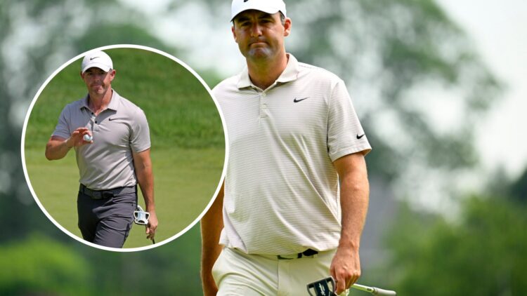 Image of Scottie Scheffler playing at The Travelers Championship with an overlay of Rory McIlroy