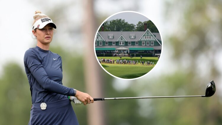 Nelly Korda plays at the 2025 Chevron Championship, inset a general view of Oakmont Country Club
