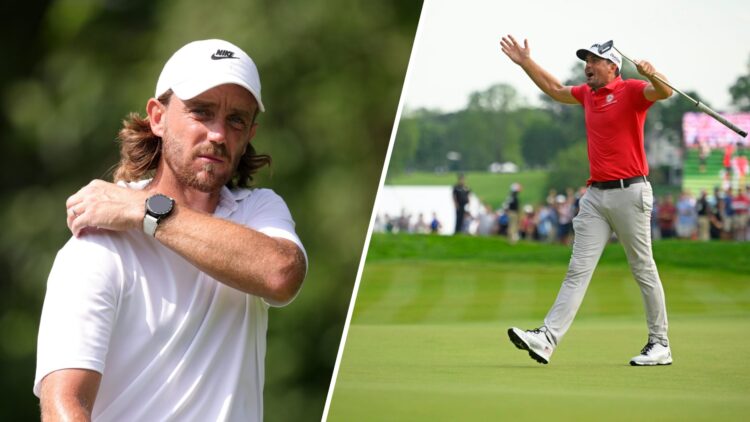 A split image of Keegan Bradley and Tommy Fleetwood at the 2025 Travelers Championship