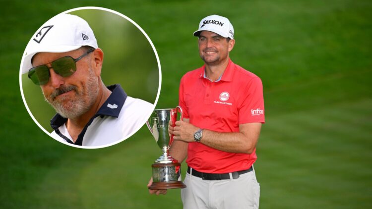 Keegan Bradley holds his trophy at The Travelers with an overlay of Phil Mickelson