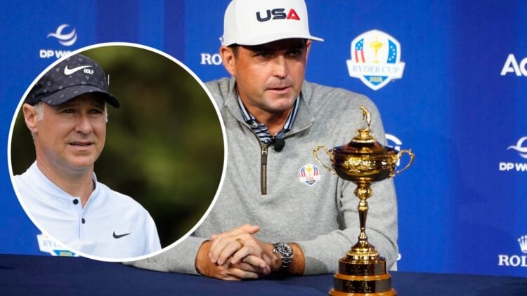 Keegan Bradley speaking at a Ryder Cup press conference, with an overlay of Trevor Immelman