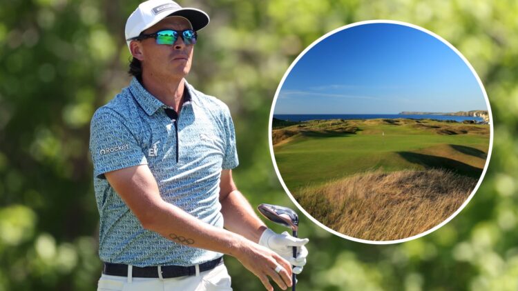 Rickie Fowler at the Charles Schwab Challenge, inset of Royal Portrush
