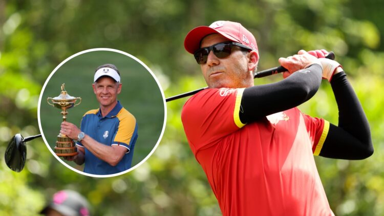 Sergio Garcia hits a tee shot at LIV Golf Hong Kong, inset of Luke Donald holding the Ryder Cup