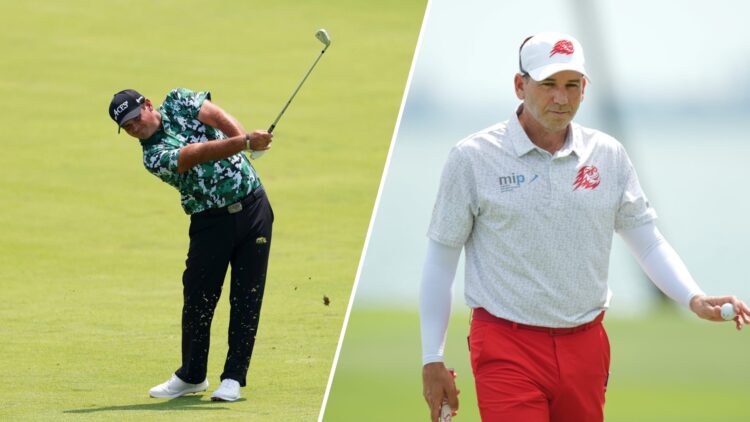 Split image of Patrick Reed playing a shot at the 2025 US Open (L) and Sergio Garcia reacting at LIV Golf Singapore 2025 (R)