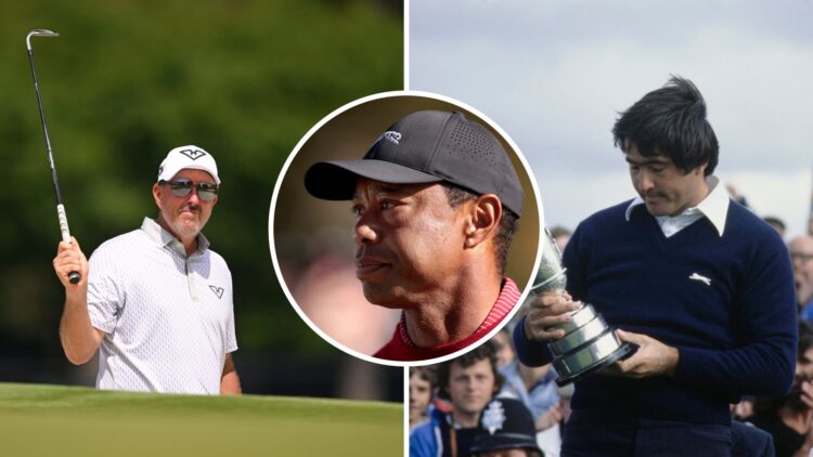 Split image of Phil Mickelson and Seve Ballesteros, inset of Tiger Woods