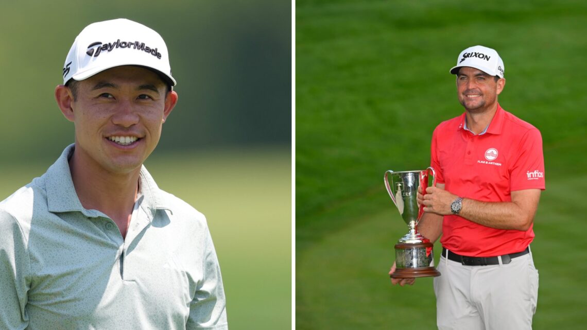 Collin Morikawa plays in a practice round at the 2025 US Open / Keegan Bradley holds his trophy after winning the Travelers Championship