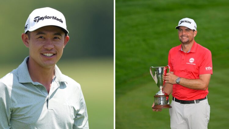 Collin Morikawa plays in a practice round at the 2025 US Open / Keegan Bradley holds his trophy after winning the Travelers Championship