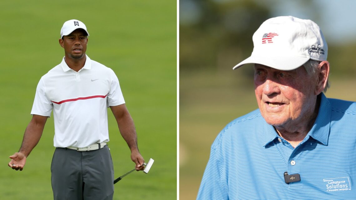 Split image of Tiger Woods reacting during The Memorial Tournament in 2015 (L) and Jack Nicklaus looking on during the 2024 Compliance Solutions Ch...
