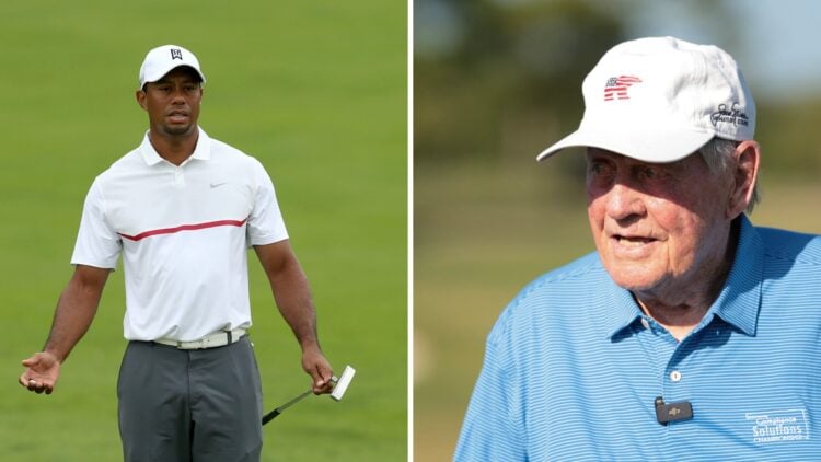 Split image of Tiger Woods reacting during The Memorial Tournament in 2015 (L) and Jack Nicklaus looking on during the 2024 Compliance Solutions Ch...