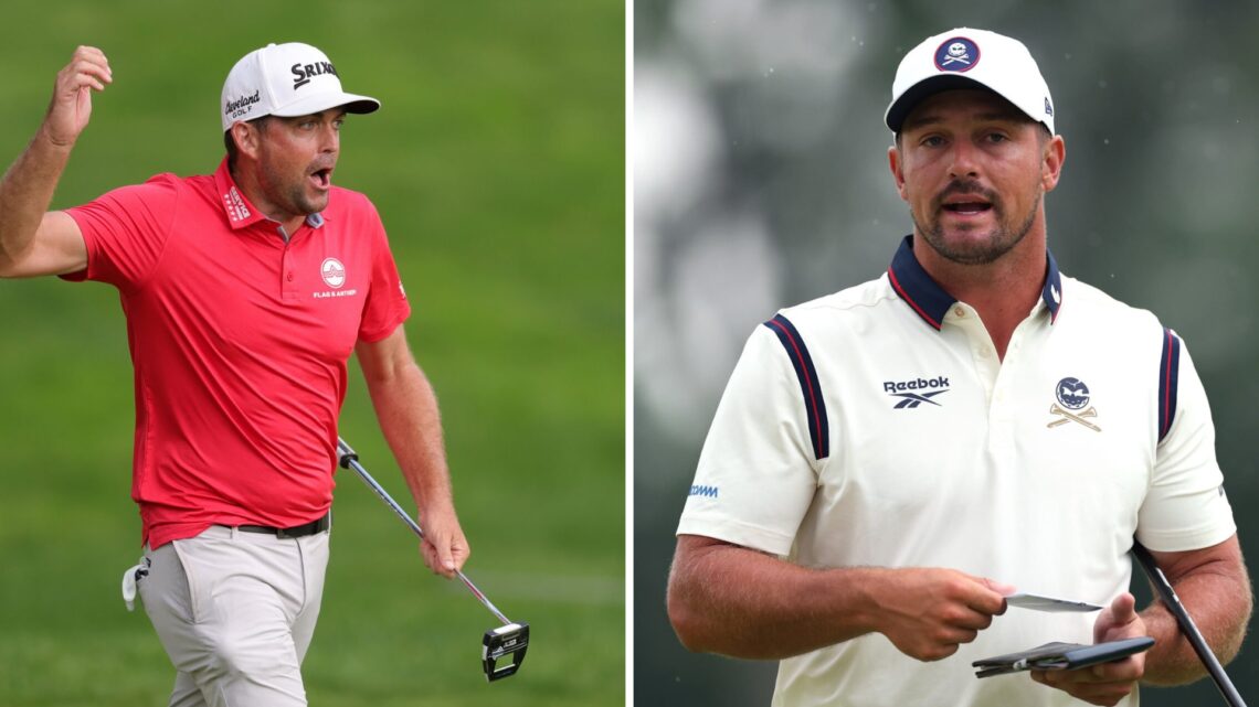 Keegan Bradley celebrates his winning putt on 18 at The Travelers / Bryson DeChambeau looks on during round two of the US Open