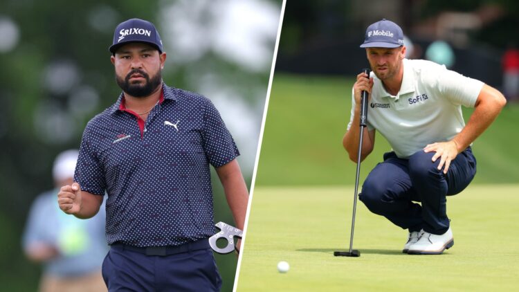A split image of J.J. Spaun and Wyndham Clark both playing golf in 2025