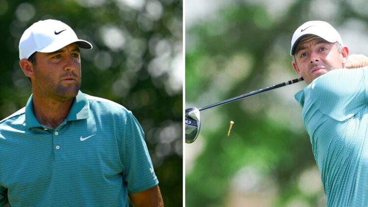 Scottie Scheffler looks on during the final round of the Travelers Championship at TPC River Highlands / Rory McIlroy tees off during a practice ro...