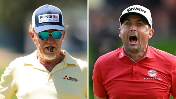 A split image of golfers Miguel Angel Jimenez and Keegan Bradley