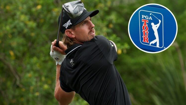 Jake Knapp in action during the first round of the Zurich Classic of New Orleans / An image of the PGA Tour logo ahead of the Travelers Championshi...