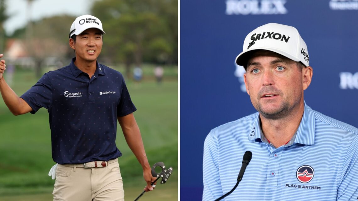Michael Kim celebrates during the third round of the Cognizant Classic In The Palm Beaches / Keegan Bradley speaking to the media at the PGA Champi...