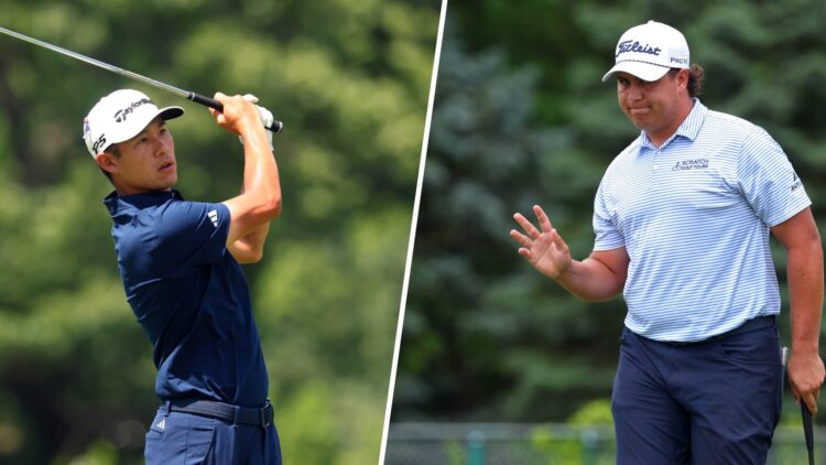 A split image of Collin Morikawa and Aldrich Potgieter both playing at the 2025 Rocket Classic