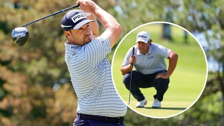 An image of Thriston Lawrence playing in the 2025 Rocket Classic with an inset of Aldrich Potgieter