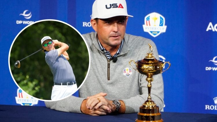 Keegan Bradley at a press conference ahead of the Ryder Cup, inset of Rickie Fowler