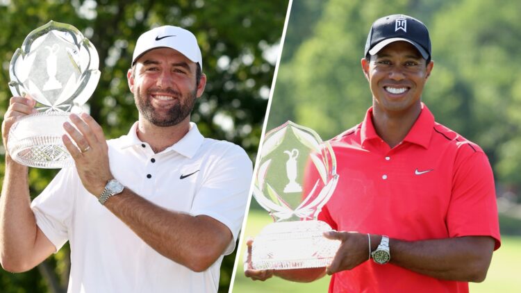 A split image of both Scottie Scheffler and Tiger Woods holding The Memorial Tournament trophy