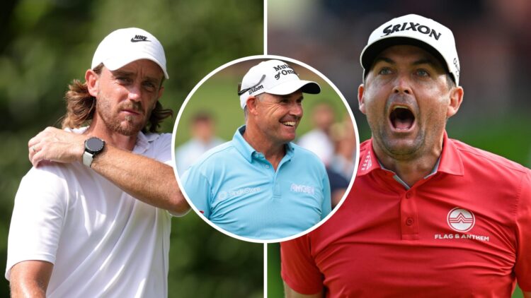 A split image of Tommy Fleetwood and Keegan Bradley with an inset of Padraig Harrington