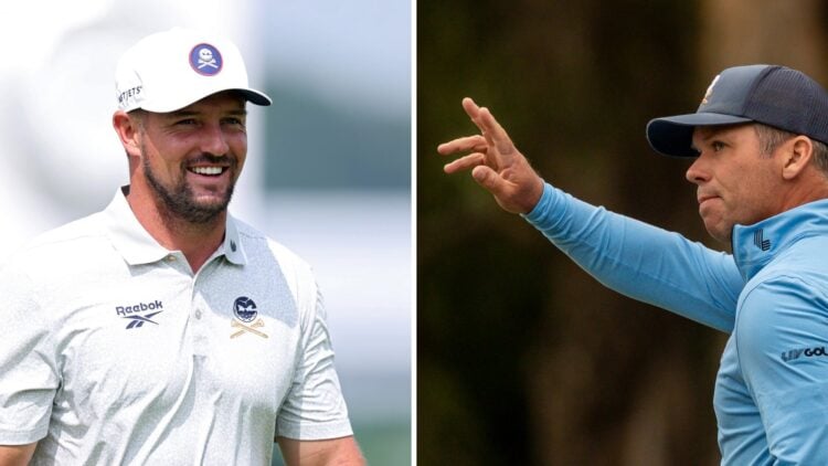 Bryson DeChambeau smiles during US Open practice / Paul Casey acknowledges the crowd during LIV Golf Hong Kong in 2024