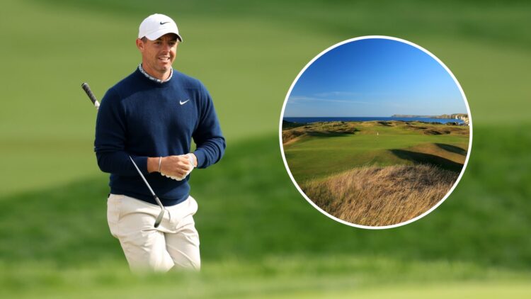 Rory McIlroy plays a practice round at the 2025 US Open, inset a general view of Royal Portrush Golf Club in 2019