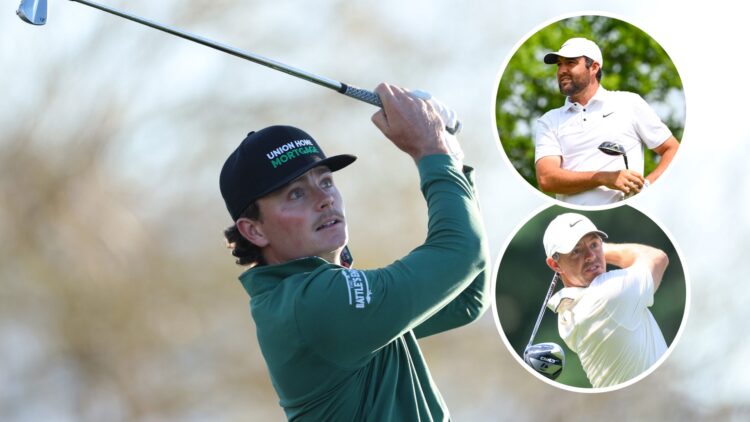 Luke Clanton at the WM Phoenix Open, with insets of Scottie Scheffler and Rory McIlroy