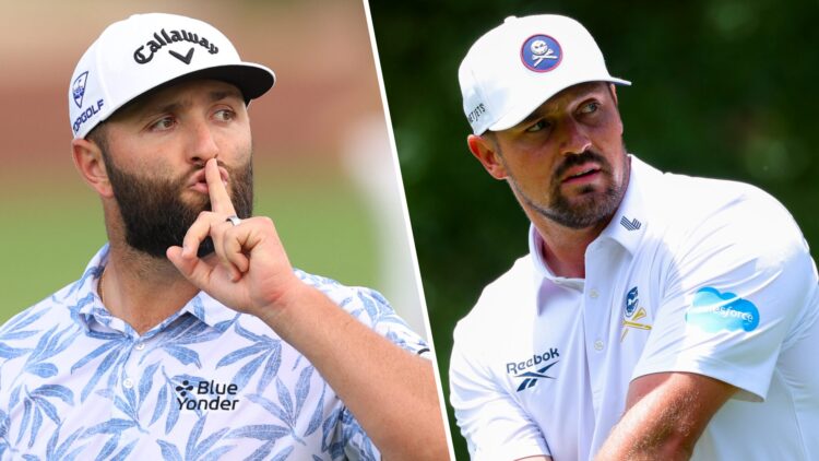 Jon Rahm of Spain gestures with his hand to his mouth on course during Day Three of the DP World Tour Championship. Bryson DeChambeau of the United...