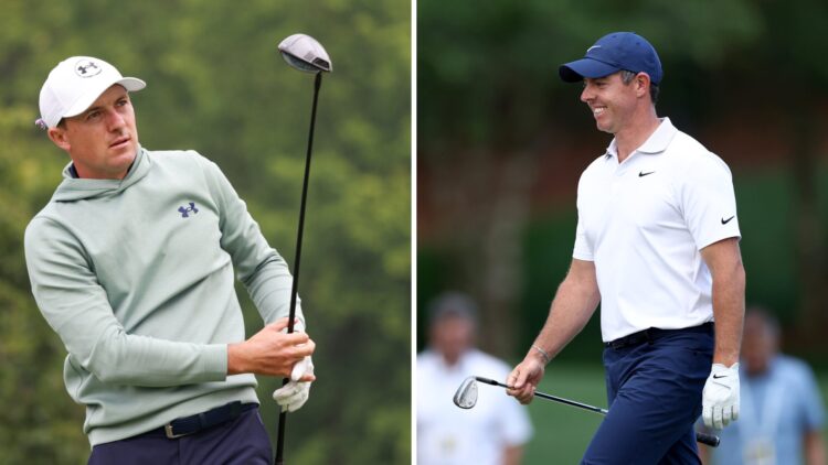 Jordan Spieth hitting his driver at The Memorial Tournament / Rory McIlroy in action at the 2025 PGA Championship - Day Two