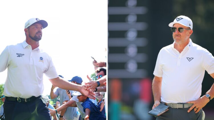 Bryson DeChambeau interacts with fans at the 2025 PGA Championship - Round Three / Phil Mickelson in action at LIV Golf Mexico City