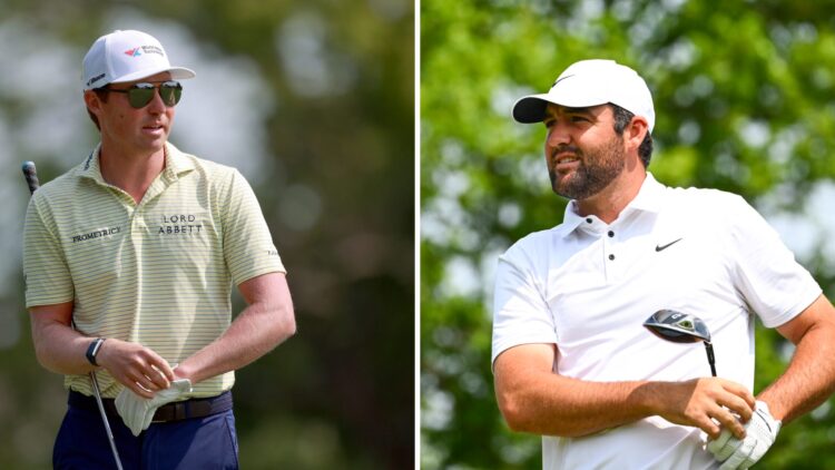 A split image of Ben Griffin and Scottie Scheffler at the 2025 Memorial Tournament